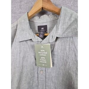 H&M Linen Blend Button Up Shirt L Slim Fit Green Texture Recycled Cotton NEW‎